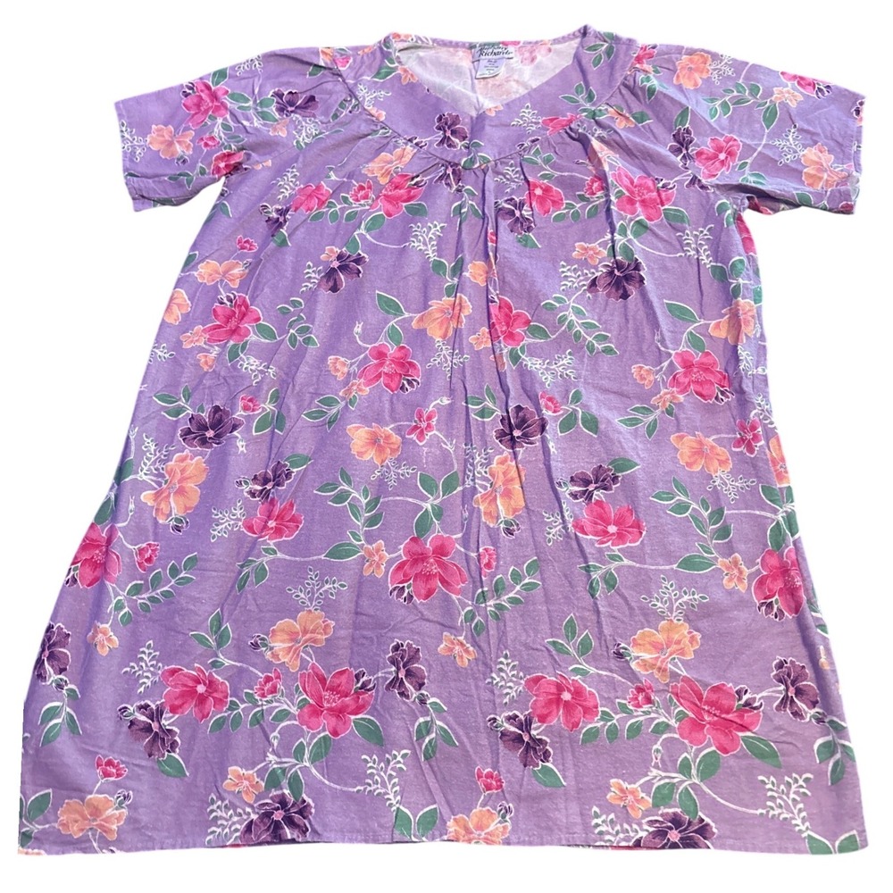 Vintage Anthony Richards Purple Floral Cotton Flannel House Dress Muumuu XL